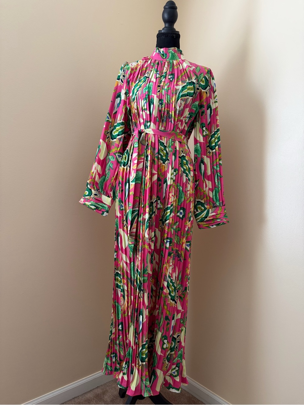 Beulah Pink Floral Pleated Maxi Dress with Green Accents